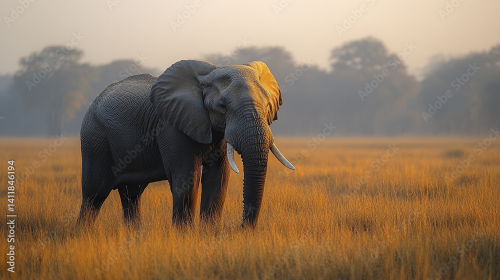 Obraz premium Elephant standing in golden grass at sunrise, peaceful scene