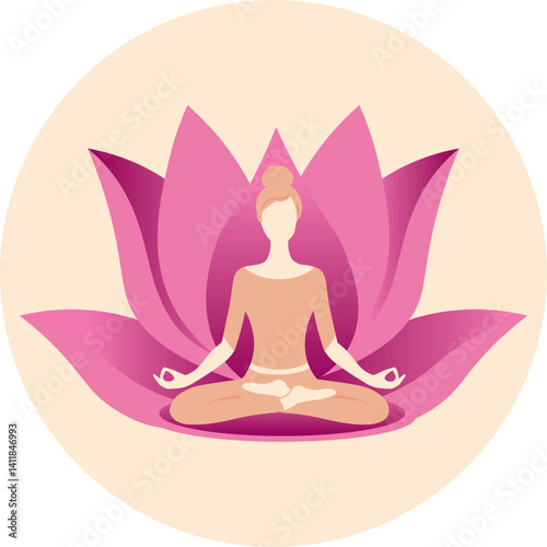 Vector artwork of female figure in lotus pose with vibrant pink lotus petals, radiating warmth, healing, and feminine strength. Ideal for meditation, wellness and spiritual branding.