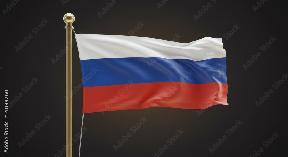 Russian Federation Flag Waving Proudly on a Gold Pole Against Dark Background Russian Federation Flag Waving Proudly on a Gold Pole Against Dark Background