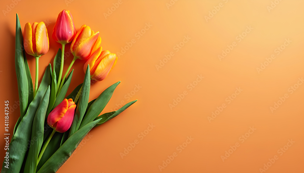 Radiant Tulips on Orange Canvas: A vibrant bouquet of tulips in full bloom bursts forth with a warm, welcoming glow against a bold orange background. It is ideal for spring projects. Radiant Tulips on Orange Canvas: A vibrant bouquet of tulips in full bloom bursts forth with a warm, welcoming glow against a bold orange background. It is ideal for spring projects.