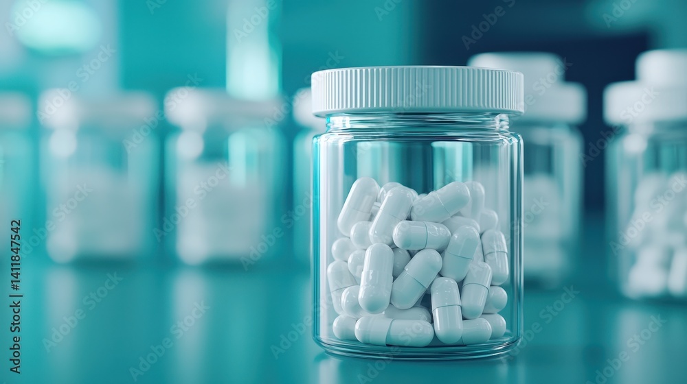 Transparent Jar Filled with White Capsules on a Table in a Bright Pharmacy Setting Transparent Jar Filled with White Capsules on a Table in a Bright Pharmacy Setting