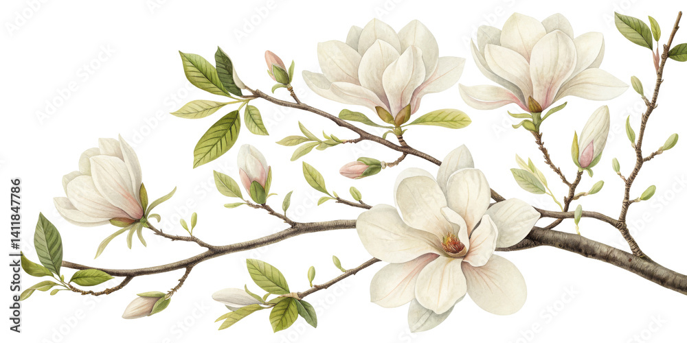 Fototapeta premium Magnolia Branch Watercolor Painting, Isolated on Transparent Background, Botanical Illustration, Floral Design, Magnolia, Watercolor, Botanical