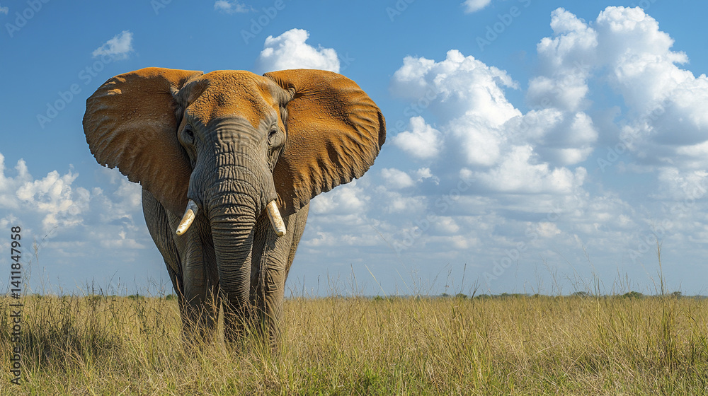 Fototapeta premium Elephant standing in grassy field under blue sky with clouds