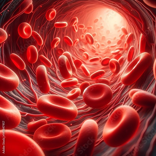 Close-up view of red blood cells flowing through artery. Medical, biology, healthcare, science concepts. Human circulatory system. Detailed structure anatomy. 