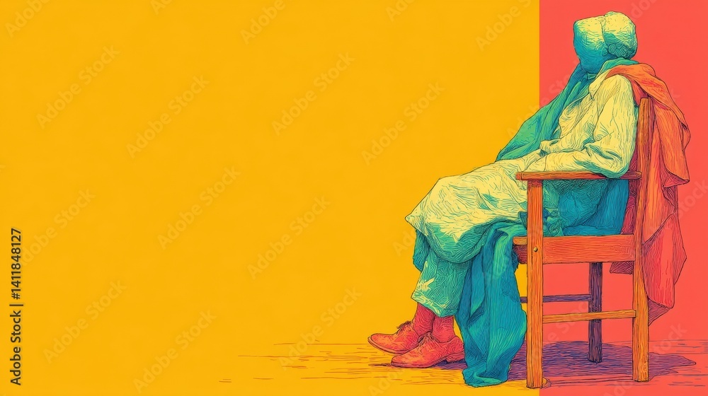 Fototapeta premium Colorful Artistic Illustration of a Person Sitting in Chair Against Bold Yellow and Red Background