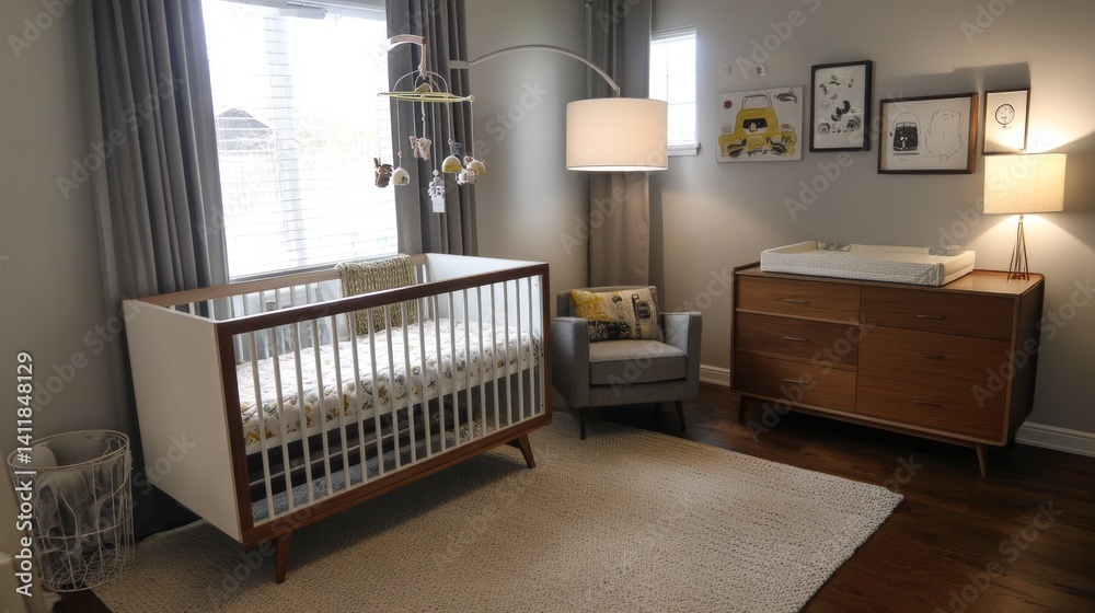 Crib with baby mobile and chest of drawers in child's room. Interior design