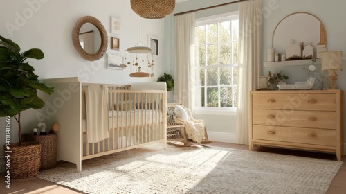 Crib with baby mobile and chest of drawers in child's room. Interior design
