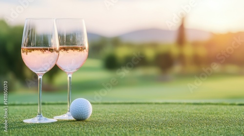 Romantic sunset view with two glasses of pink wine and a golf ball on lush green grass landscape