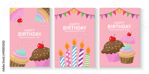 Happy birthday greeting card poster, flayer, banner, collection set, Birthday greeting template design with cupcake and colorful balloons decoration elements for party invitation card background.	
