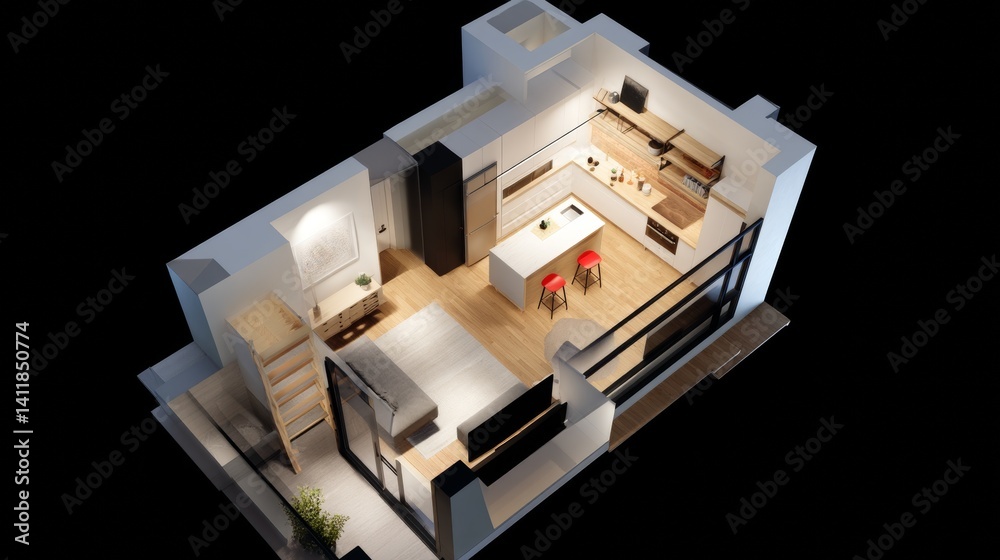 Small apartment design. The layout of the premises. Space zoning. View from above. 3D rendering.