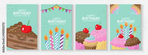 Happy birthday greeting card poster, flayer, banner, collection set, Birthday greeting template design with cupcake and colorful balloons decoration elements for party invitation card background.	