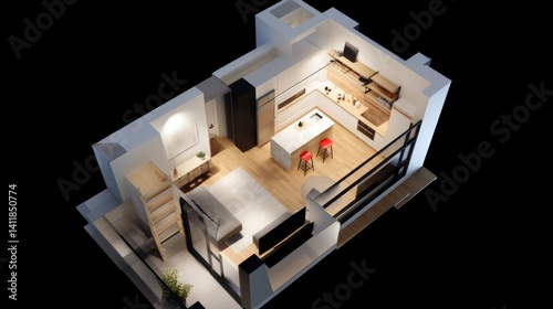 Obraz na płótnie Small apartment design. The layout of the premises. Space zoning. View from above. 3D rendering. w salonie