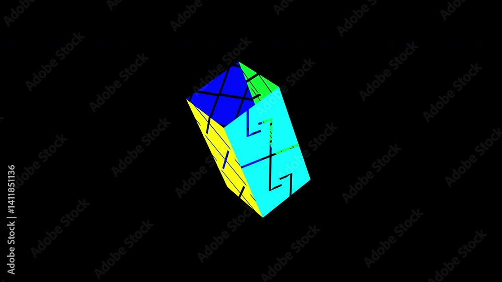 This 3D object is rectangular with an appearance that has a unique combination of rotation, color, and symbols.