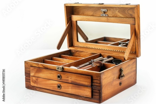 A beautifully crafted wooden jewelry box showcasing intricate details and organized compartments in soft lighting isolated on transparent background