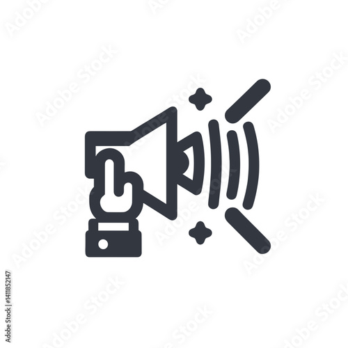 Loud sound vector icon with hand and speaker with sound waves, hearing aid damage concept