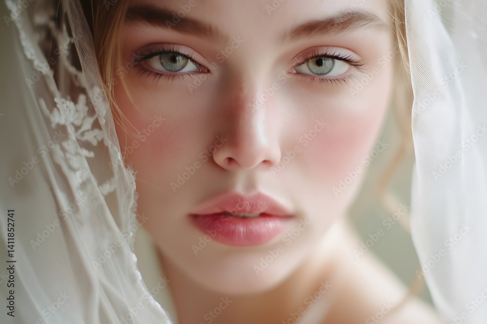Close up portrait of beautiful bride with natural bridal makeup and soft pink lipstick wearing a veil Close up portrait of beautiful bride with natural bridal makeup and soft pink lipstick wearing a veil