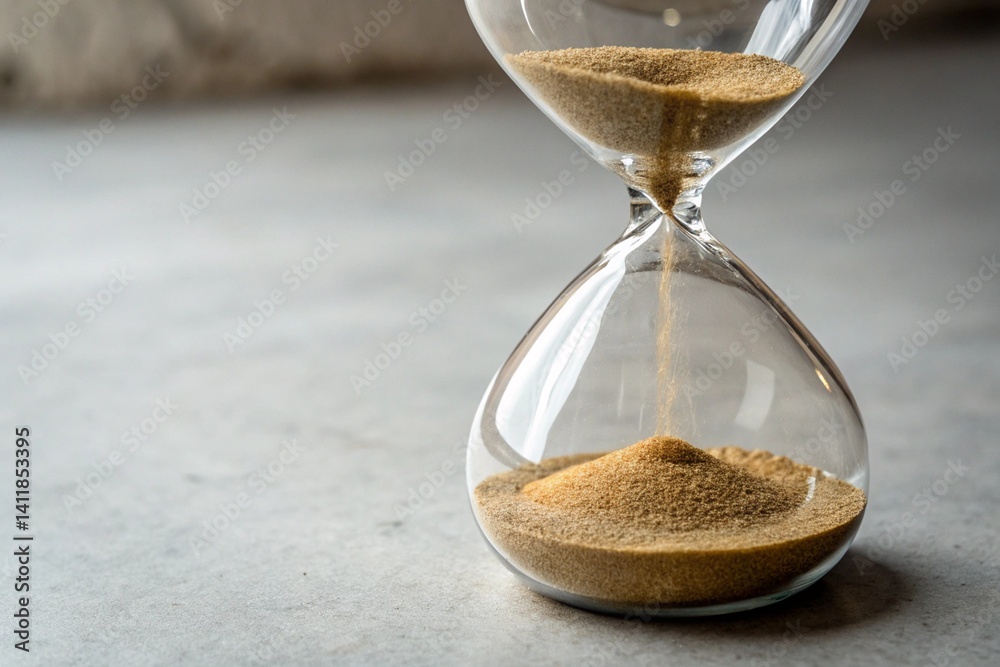 hourglass on wooden background.