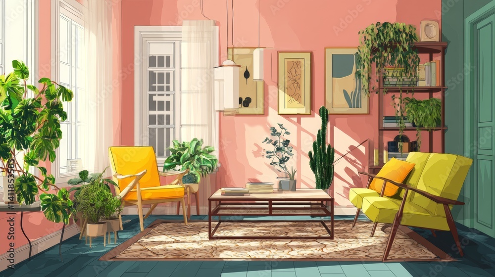 Stylish furniture and houseplants in light living room. Interior design