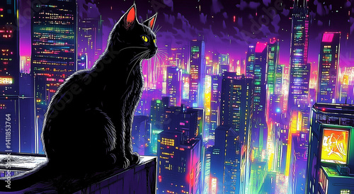 black cat on the roof overlooking a city neon purple lights illustration, art