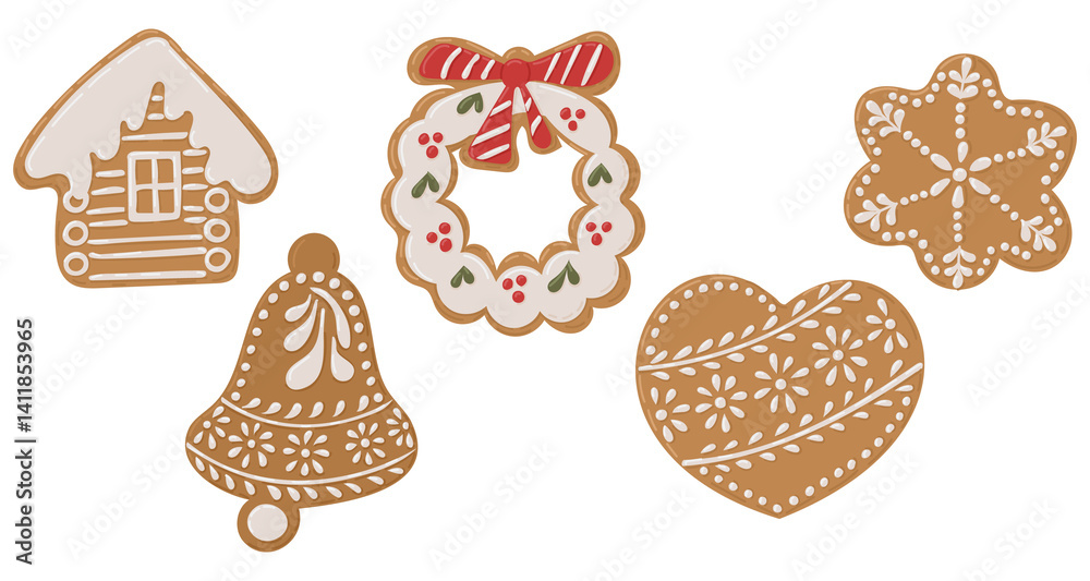 Set of decorated gingerbread cookies shaped like house, bell, heart, snowflake and wreath. Represents holiday spirit, festive baking and Christmas celebration in cozy hand drawn style Set of decorated gingerbread cookies shaped like house, bell, heart, snowflake and wreath. Represents holiday spirit, festive baking and Christmas celebration in cozy hand drawn style