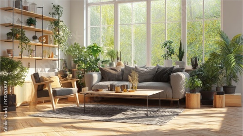 Obraz na płótnie Stylish furniture and houseplants in light living room. Interior design w salonie