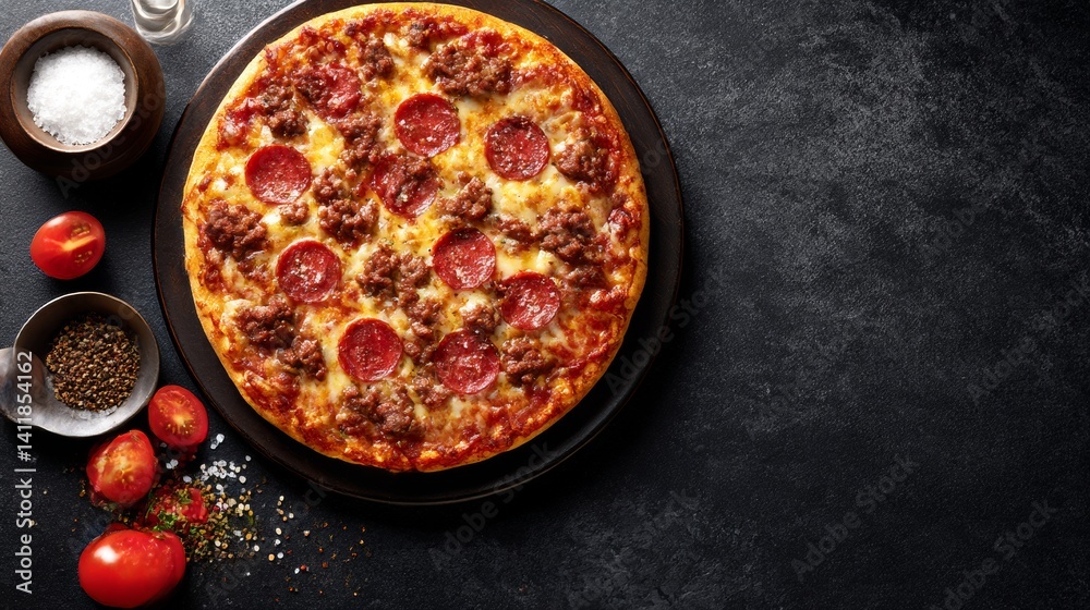 Pepperoni pizza with sausage, cheese, tomatoes, salt and spices on dark concrete background