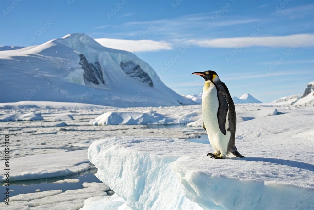 A majestic emperor penguin stands gracefully on an ice floe in Antarctica