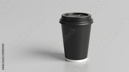 Blank black and white disposable paper cup with plastic lid mock up isolated, 3d rendering. Empty polystyrene coffee drinking mug mockup front view. Clear plain tea take away package