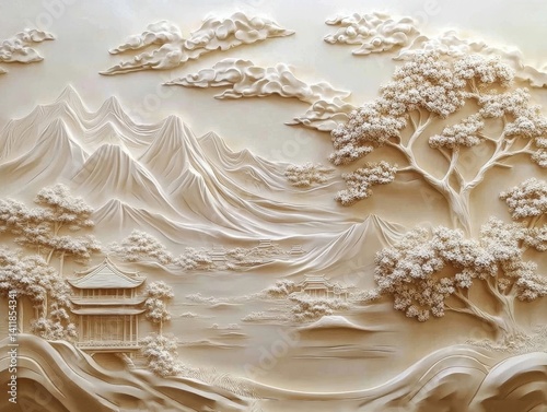 An elegant, serene bas-relief sculpture captures a picturesque scene of rolling mountains and lush forests. A peaceful temple sits beneath the mountains.