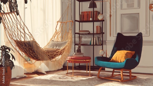 Obraz na płótnie Cozy hammock and peddle in interior of stylish living room w salonie