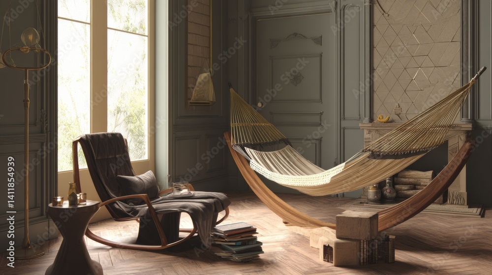 Cozy hammock and peddle in interior of stylish living room