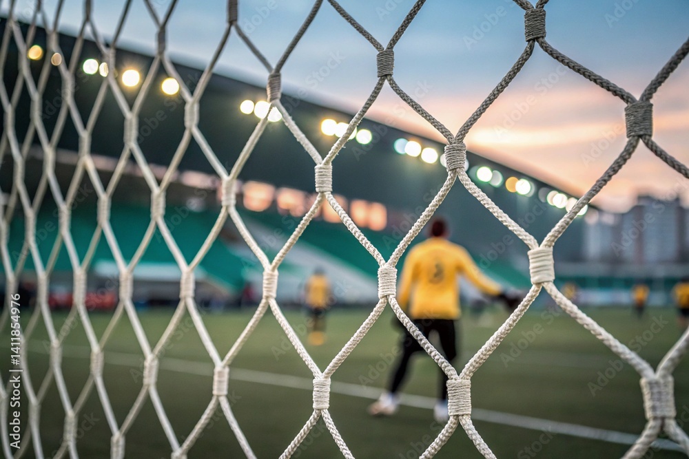A close-up of the net in sharp focus, framing a blurry football pitch with players in action