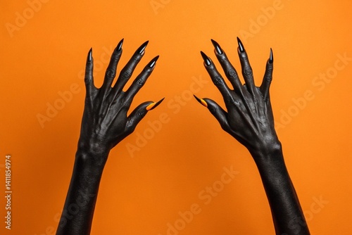 Obraz na płótnie Black witch hands with claws on orange background w salonie