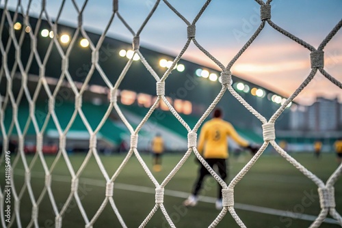 Obraz na płótnie A close-up of the net in sharp focus, framing a blurry football pitch with players in action w salonie