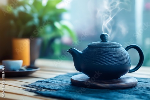 Steaming black teapot sits on a wooden table, promising a moment of tranquility and warmth