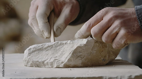 Mason chiseling stone for a custom sculpture. Featuring stone carving and fine craftsmanship