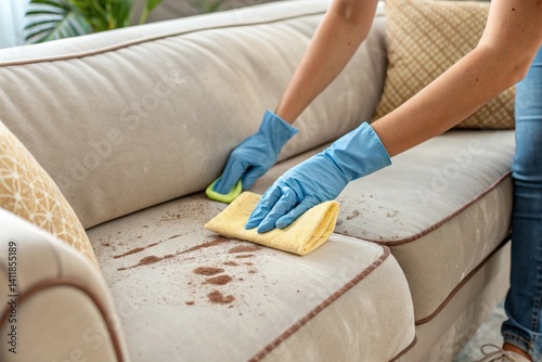 Obraz na płótnie female hands cleaning sofa w salonie