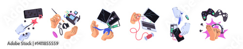 Concept set of electronics repair. Hands fix malfunctions, broken smartphones, phones. Maintenance service, support center for troubleshooting devices. Flat isolated vector illustrations on white