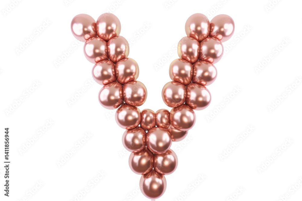 Creative arrangement of rose gold balloons forming the letter V, perfect for celebrations and decorations isolated on transparent background