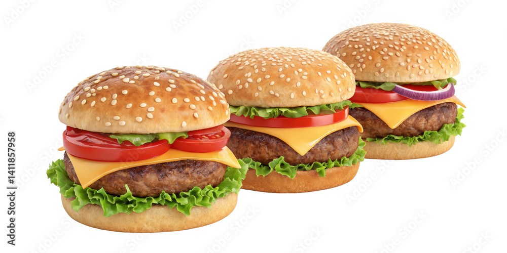 Three Delicious Cheeseburgers Composition, Isolated on Transparent Background, Fast Food, 3D Render, Burger, Fast Food, 3D Rendering Three Delicious Cheeseburgers Composition, Isolated on Transparent Background, Fast Food, 3D Render, Burger, Fast Food, 3D Rendering