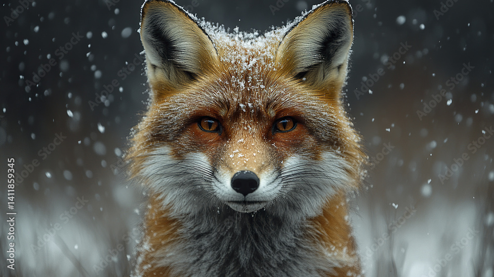Obraz premium fox stands in falling snow, its fur dusted with flakes