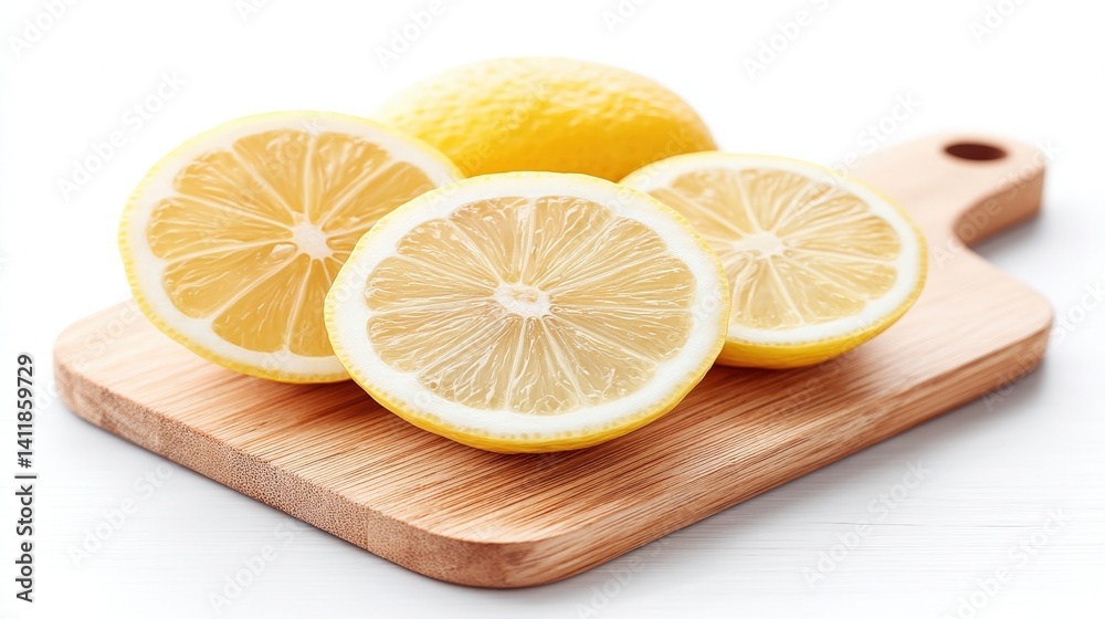 Freshly Cut Lemon Slices on a Wooden Board with Whole Lemon in Background Freshly Cut Lemon Slices on a Wooden Board with Whole Lemon in Background