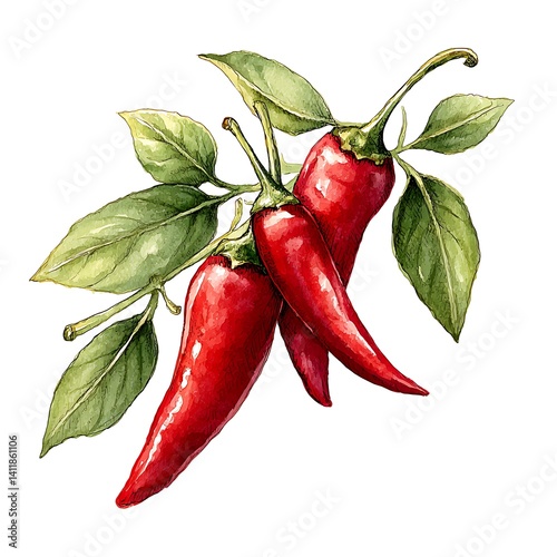 Three Red Chili Peppers with Green Leaves A Watercolor Illustration. This vibrant image showcases three ripe red chili peppers on a branch with lush green leaves.