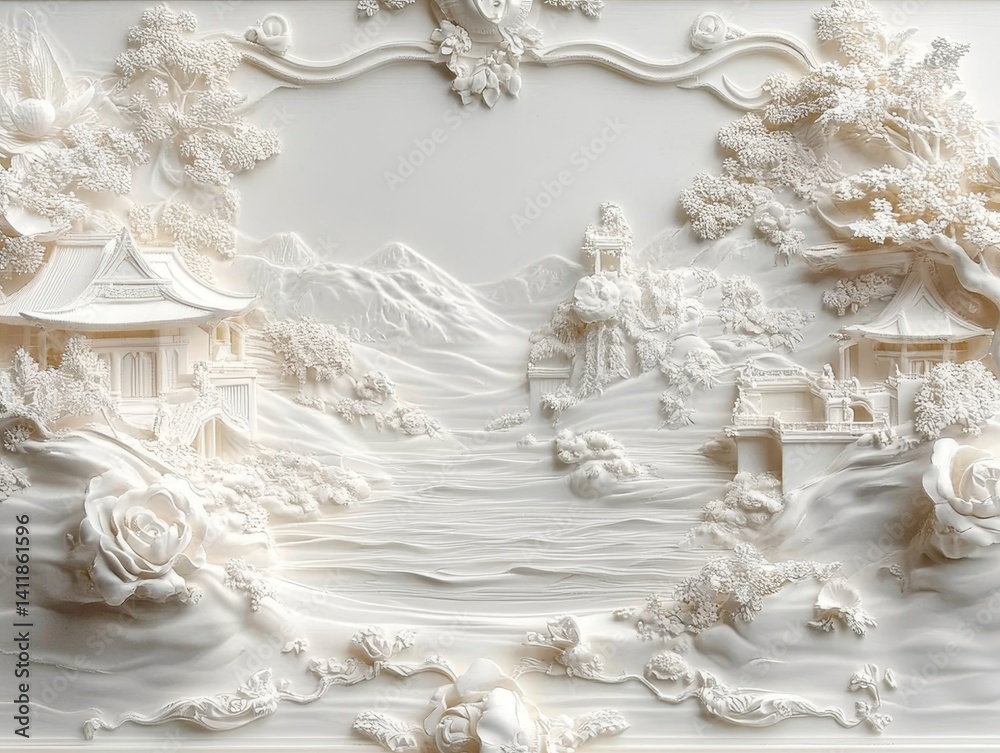 Obraz premium A tranquil carved relief depicting an idyllic Asian landscape, showcasing intricate architectural details and serene natural elements. The artwork evokes a sense of peace and cultural appreciation.