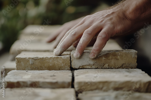 Mason laying bricks for a garden wall. Featuring bricklaying and outdoor construction