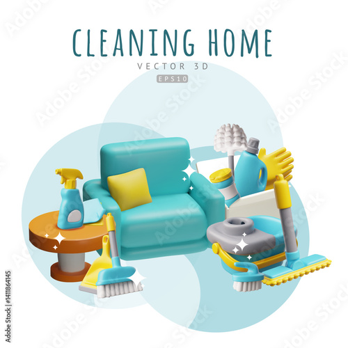 3D poster illustration with chair, table and cleaning supplies, brushes, sponges, gloves.