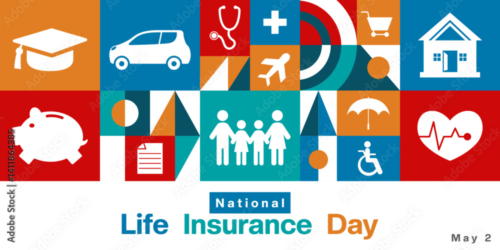 Obraz premium May 2th is National Life Insurance Day. Geometric style, people, piggy, heartbeat, car, home and more. Great for posters, banners, social media and more. White background.