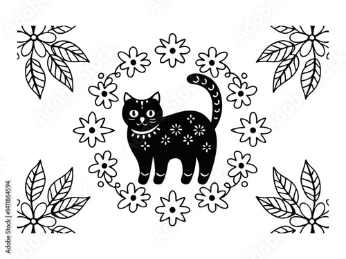 Zentangle cat mandala coloring page for adults christmas cat and floral animal coloring book, isolated on white background, antistress coloring page,e vector illustration