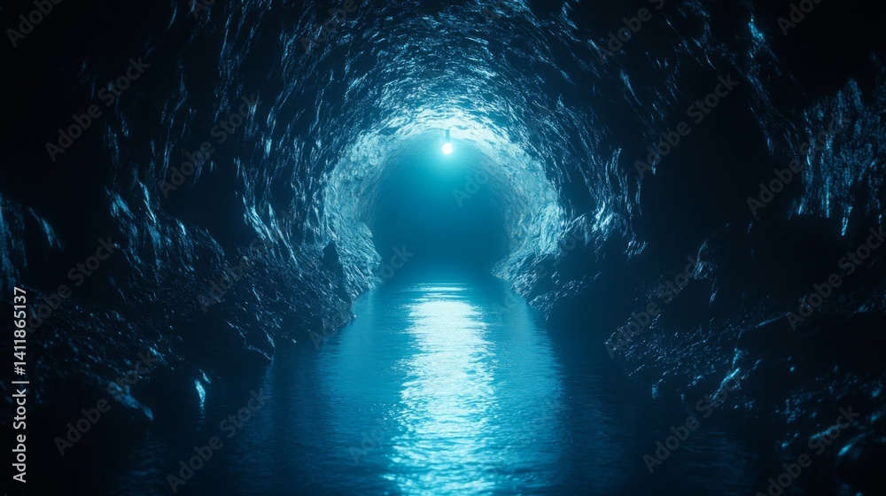 Fototapeta premium Blue Luminous Tunnel with Water Reflection