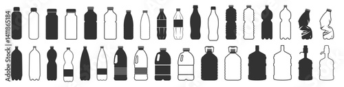 Plastic bottle black icon set isolated on transporent. Water bottle flat line style set. Pet bottle plastic. Small and large bottles for water, milk and other drinks